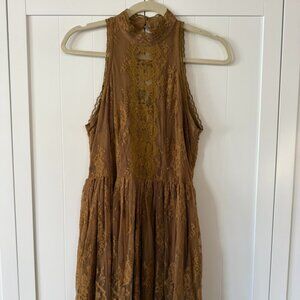 Free People Lace Mini Dress - Brown High Neck Open Back Boho Style